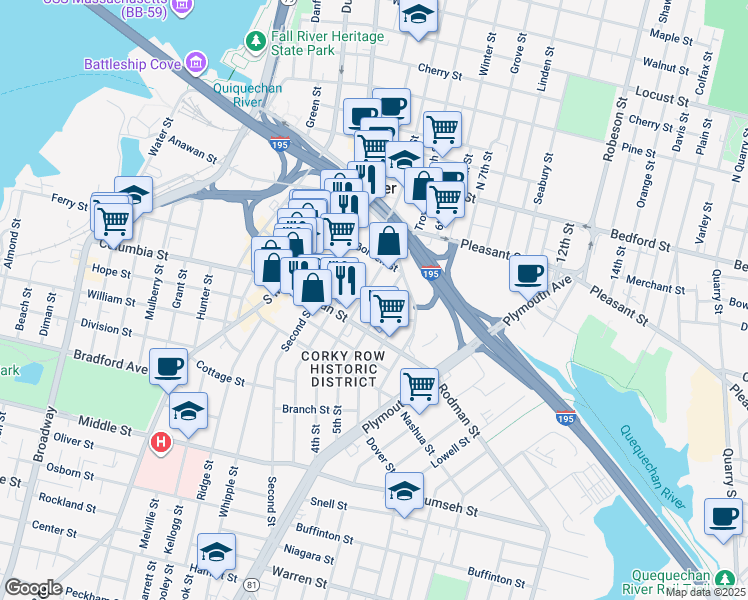 map of restaurants, bars, coffee shops, grocery stores, and more near 252 Third Street in Fall River