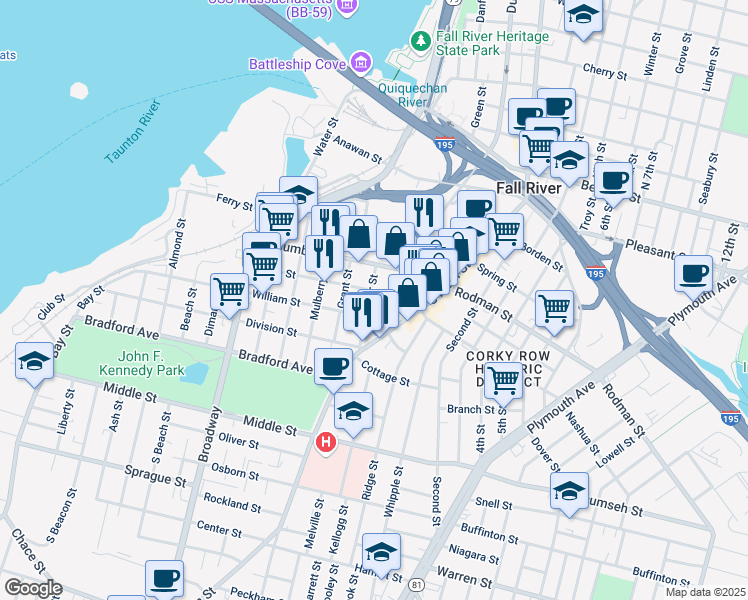 map of restaurants, bars, coffee shops, grocery stores, and more near 30 Hunter Street in Fall River