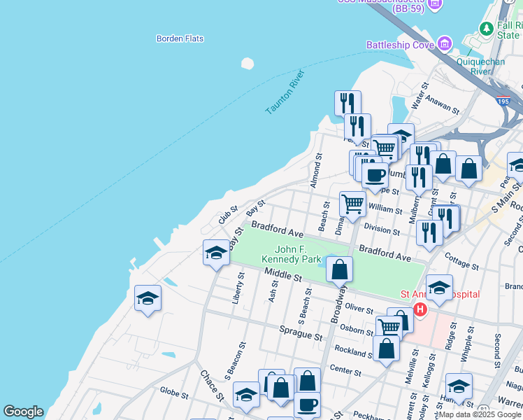 map of restaurants, bars, coffee shops, grocery stores, and more near 62 Bay Street in Fall River