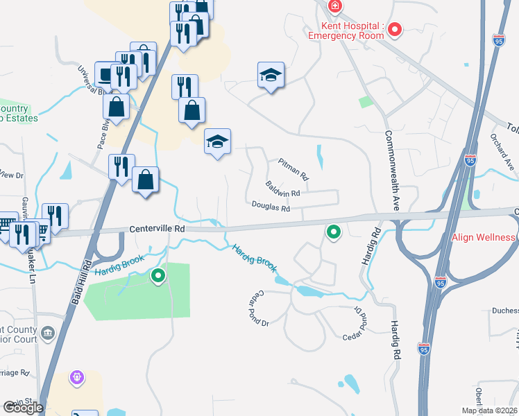map of restaurants, bars, coffee shops, grocery stores, and more near 116 Baldwin Road in Warwick