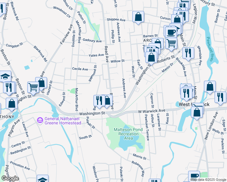 map of restaurants, bars, coffee shops, grocery stores, and more near 21 Rathbun Street in Coventry
