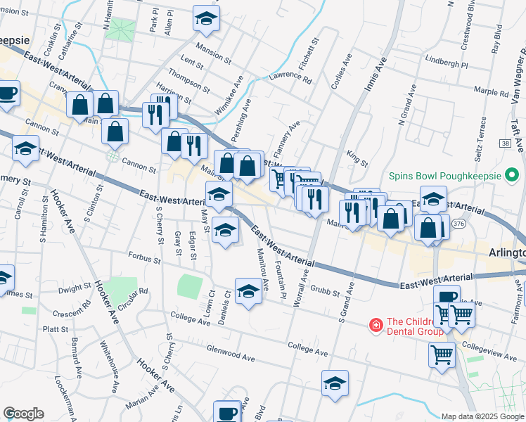 map of restaurants, bars, coffee shops, grocery stores, and more near 632 Main Street in Poughkeepsie