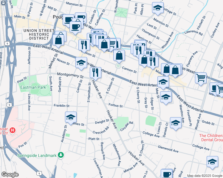 map of restaurants, bars, coffee shops, grocery stores, and more near 6 State Street in Poughkeepsie