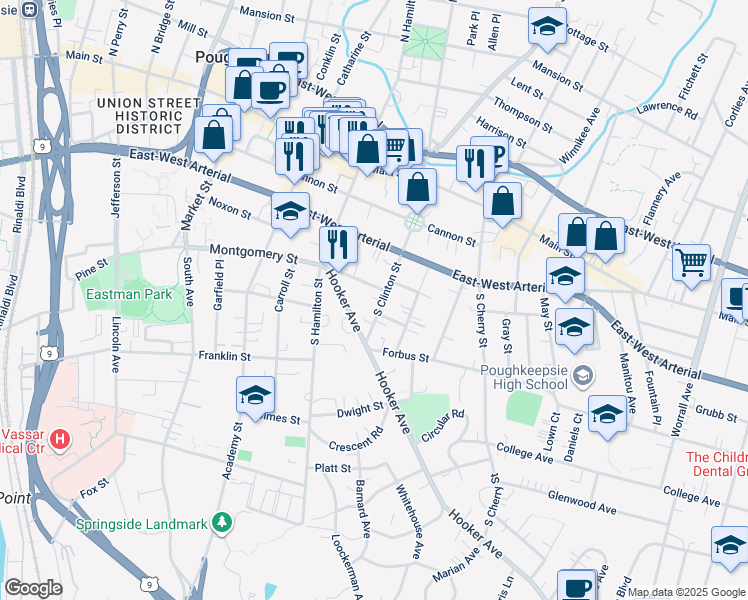 map of restaurants, bars, coffee shops, grocery stores, and more near 152 Montgomery Street in Poughkeepsie