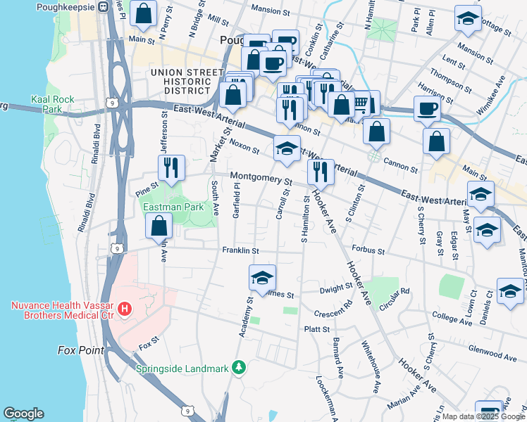map of restaurants, bars, coffee shops, grocery stores, and more near 20 Carroll Street in Poughkeepsie