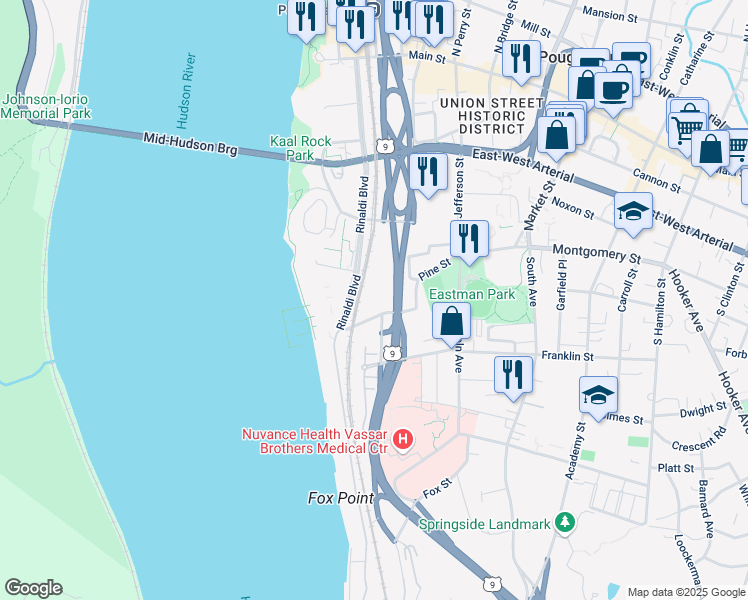 map of restaurants, bars, coffee shops, grocery stores, and more near 36 Pine Street in Poughkeepsie