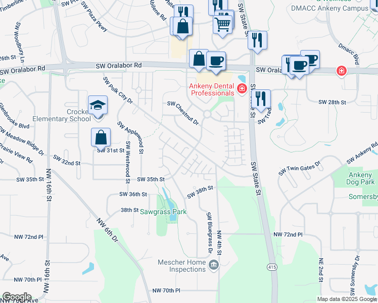 map of restaurants, bars, coffee shops, grocery stores, and more near 3016 Southwest Butternut Drive in Ankeny