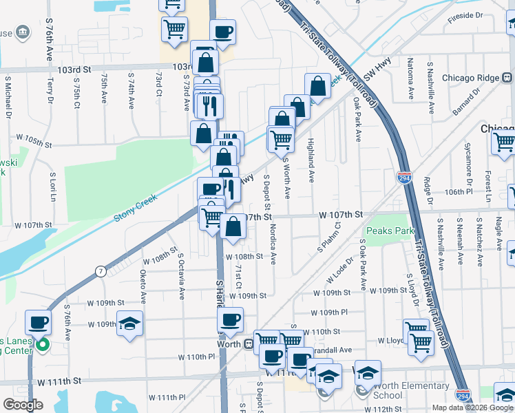 map of restaurants, bars, coffee shops, grocery stores, and more near 10610 South Depot Street in Worth