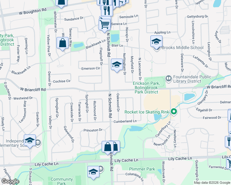 map of restaurants, bars, coffee shops, grocery stores, and more near 440 West Briarcliff Road in Bolingbrook