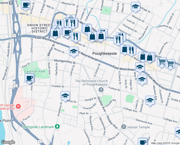 map of restaurants, bars, coffee shops, grocery stores, and more near 30 Hooker Avenue in Poughkeepsie