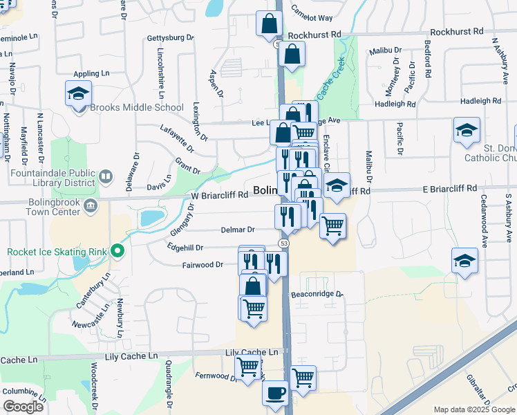 map of restaurants, bars, coffee shops, grocery stores, and more near 120 Cypress Drive in Bolingbrook