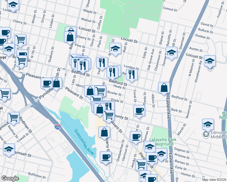 map of restaurants, bars, coffee shops, grocery stores, and more near 49 Healy Street in Fall River