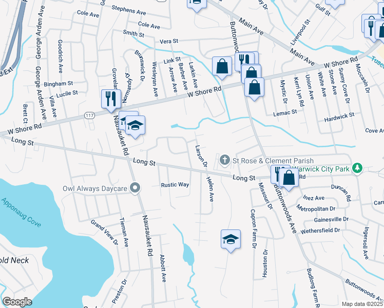 map of restaurants, bars, coffee shops, grocery stores, and more near 27 Larson Drive in Warwick