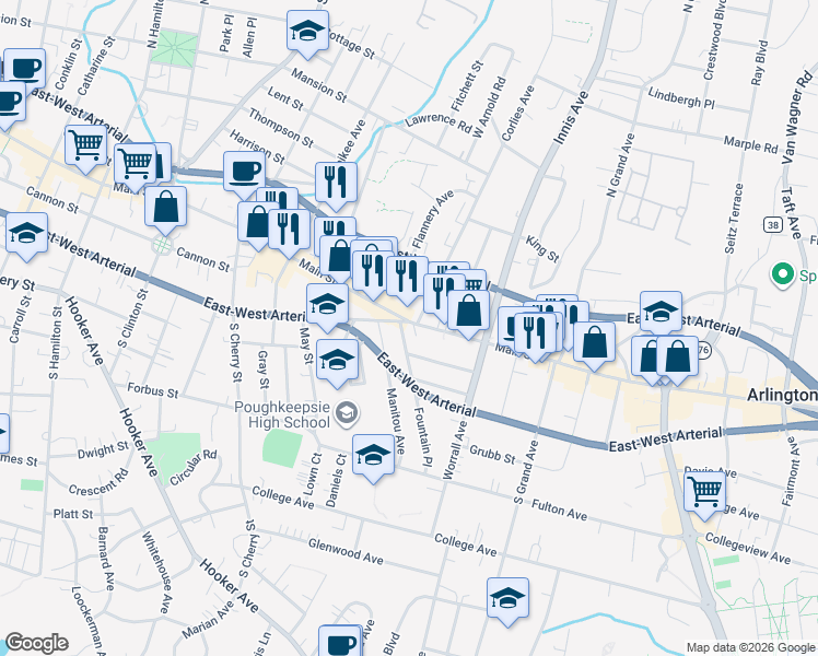 map of restaurants, bars, coffee shops, grocery stores, and more near 646 Main Street in Poughkeepsie