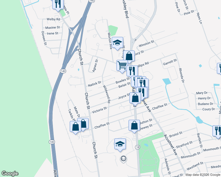 map of restaurants, bars, coffee shops, grocery stores, and more near 62 Windsong Circle in New Bedford