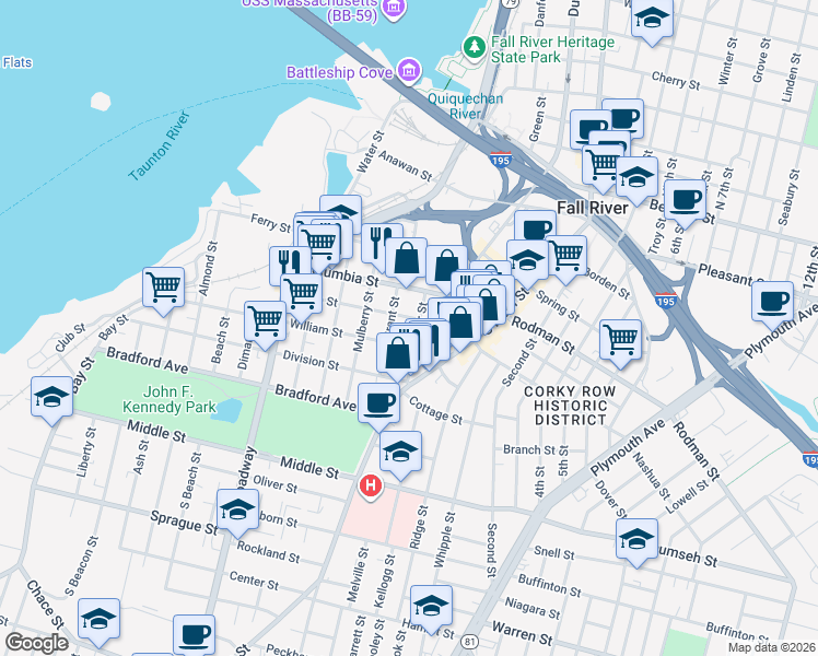 map of restaurants, bars, coffee shops, grocery stores, and more near 32 Grant Street in Fall River