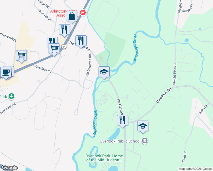 map of restaurants, bars, coffee shops, grocery stores, and more near 108 Degarmo Road in Poughkeepsie