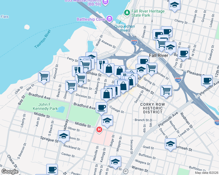 map of restaurants, bars, coffee shops, grocery stores, and more near 32 Grant Street in Fall River