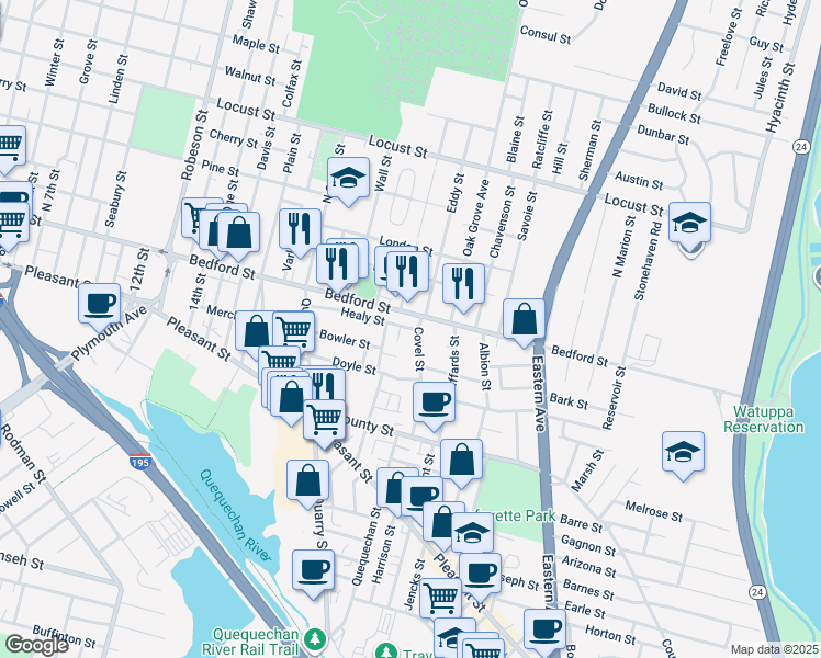 map of restaurants, bars, coffee shops, grocery stores, and more near 1076 Bedford Street in Fall River