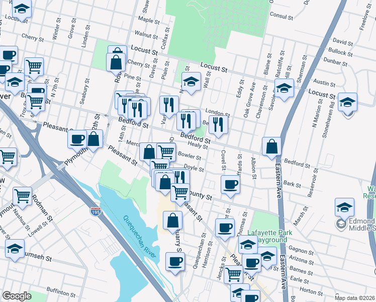 map of restaurants, bars, coffee shops, grocery stores, and more near 49 Healy Street in Fall River