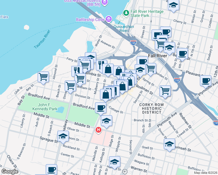map of restaurants, bars, coffee shops, grocery stores, and more near 32 Grant Street in Fall River