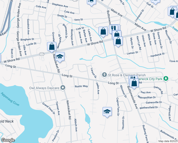map of restaurants, bars, coffee shops, grocery stores, and more near 27 Larson Drive in Warwick