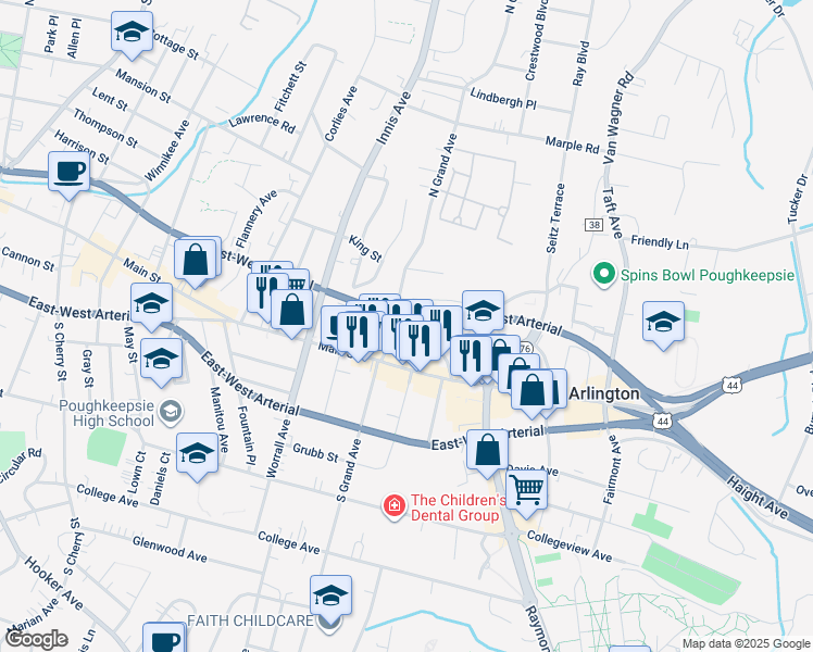 map of restaurants, bars, coffee shops, grocery stores, and more near 21 North Grand Avenue in Arlington