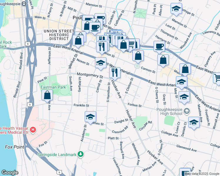 map of restaurants, bars, coffee shops, grocery stores, and more near 6 Hooker Avenue in Poughkeepsie