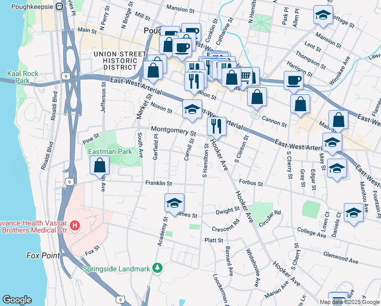 map of restaurants, bars, coffee shops, grocery stores, and more near 5 Carroll Street in Poughkeepsie