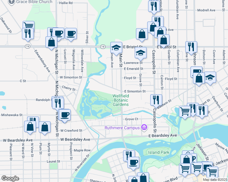map of restaurants, bars, coffee shops, grocery stores, and more near 1219 North Main Street in Elkhart