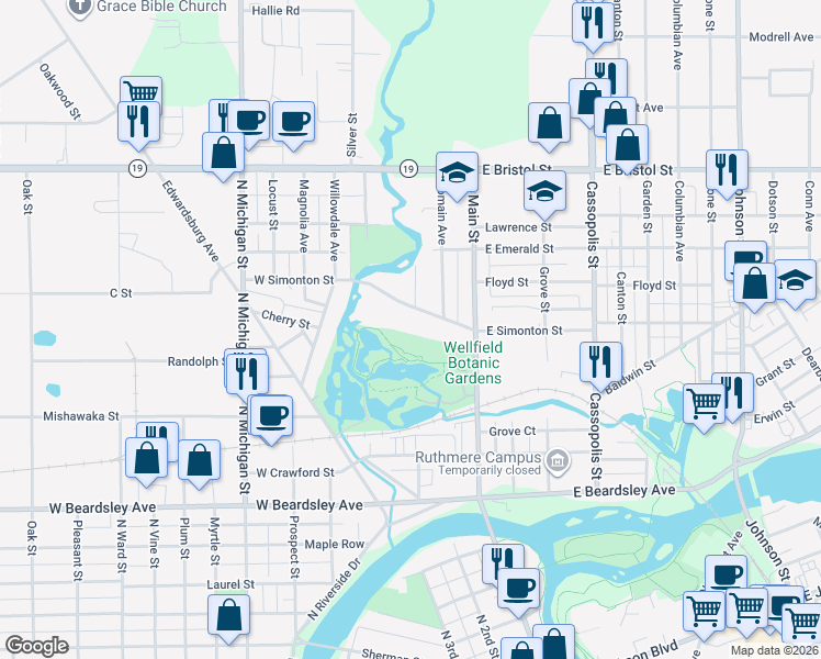 map of restaurants, bars, coffee shops, grocery stores, and more near 156 West Simonton Street in Elkhart