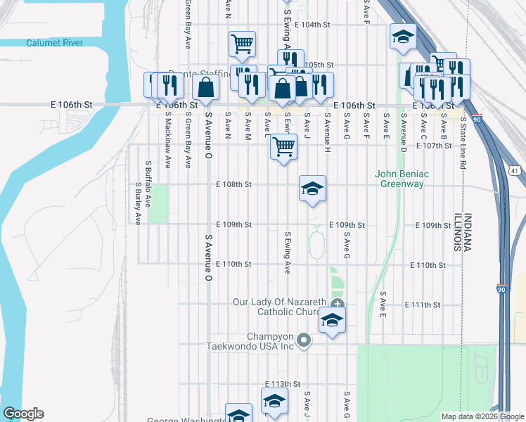 map of restaurants, bars, coffee shops, grocery stores, and more near 10818 South Avenue L in Chicago