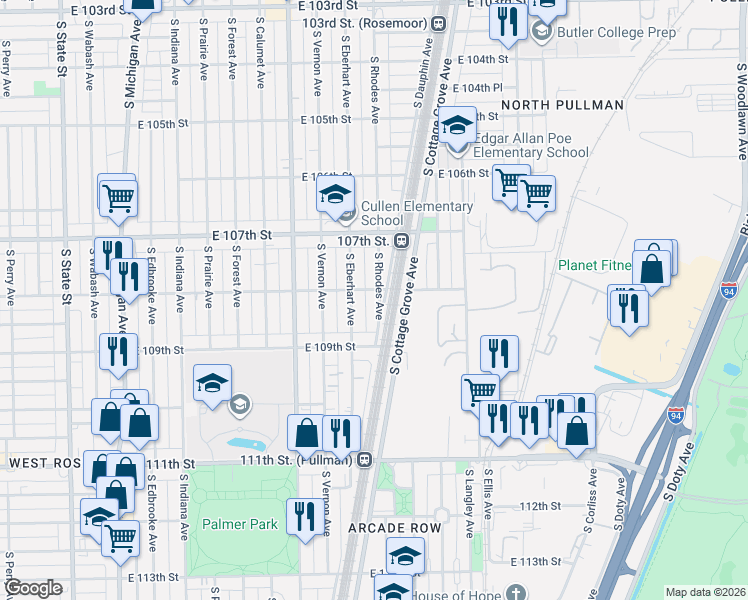 map of restaurants, bars, coffee shops, grocery stores, and more near 10755 South Eberhart Avenue in Chicago
