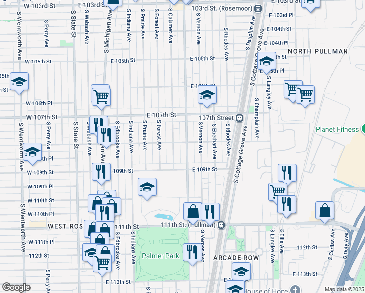 map of restaurants, bars, coffee shops, grocery stores, and more near 10759 South King Drive in Chicago