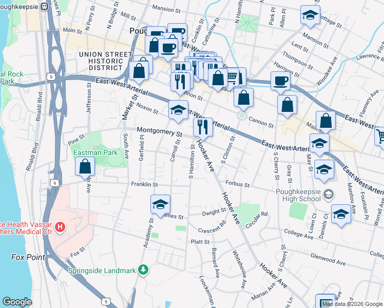 map of restaurants, bars, coffee shops, grocery stores, and more near 73 South Hamilton Street in Poughkeepsie