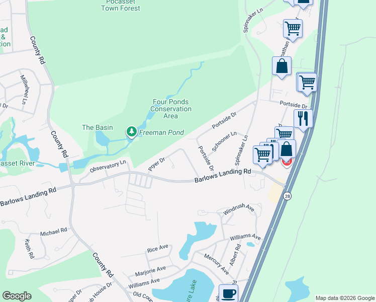 map of restaurants, bars, coffee shops, grocery stores, and more near 15 Portside Drive in Bourne