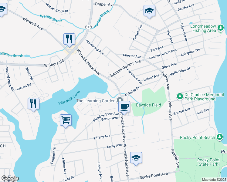 map of restaurants, bars, coffee shops, grocery stores, and more near 16 Capen Street in Warwick