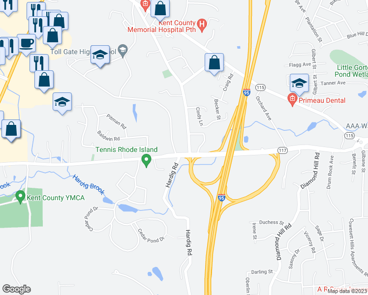 map of restaurants, bars, coffee shops, grocery stores, and more near 535 Centerville Road in Warwick