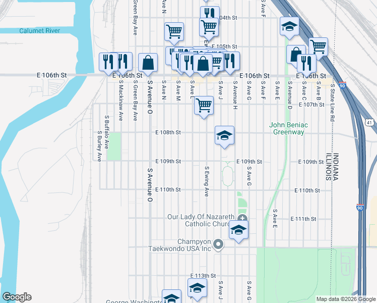 map of restaurants, bars, coffee shops, grocery stores, and more near 10818 South Avenue L in Chicago