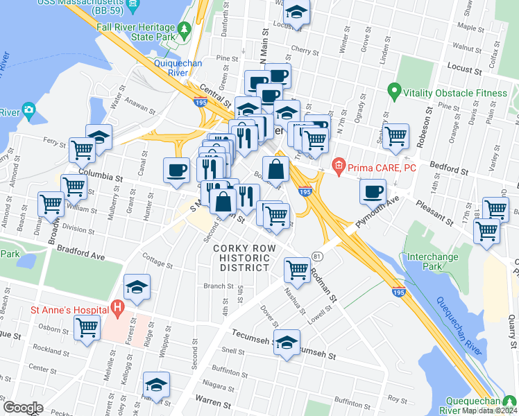 map of restaurants, bars, coffee shops, grocery stores, and more near 176 4th Street in Fall River
