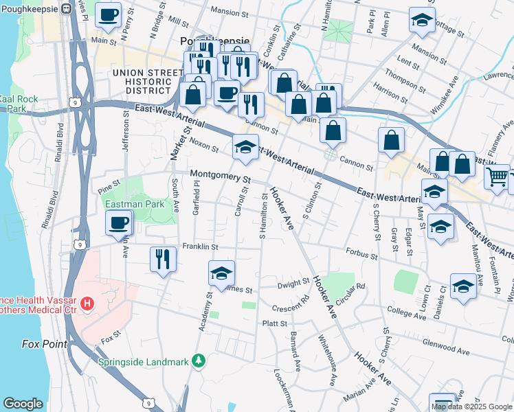 map of restaurants, bars, coffee shops, grocery stores, and more near 77 South Hamilton Street in Poughkeepsie