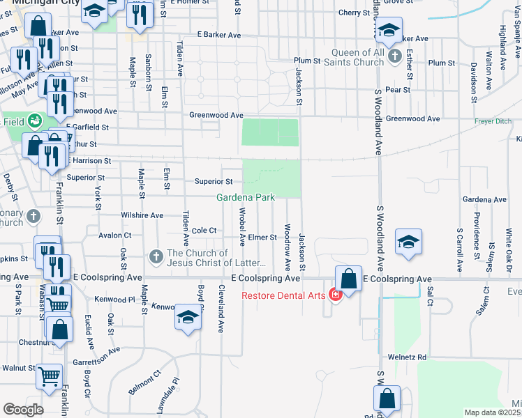 map of restaurants, bars, coffee shops, grocery stores, and more near 2910 Oakwood Avenue in Michigan City