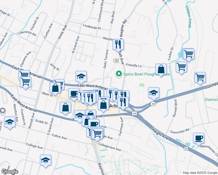 map of restaurants, bars, coffee shops, grocery stores, and more near 40 Arlington Avenue in Poughkeepsie