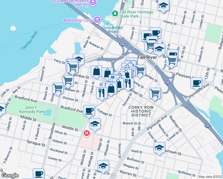 map of restaurants, bars, coffee shops, grocery stores, and more near Union Street in Fall River
