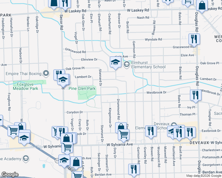 map of restaurants, bars, coffee shops, grocery stores, and more near 3008 Pinehurst Drive in Toledo