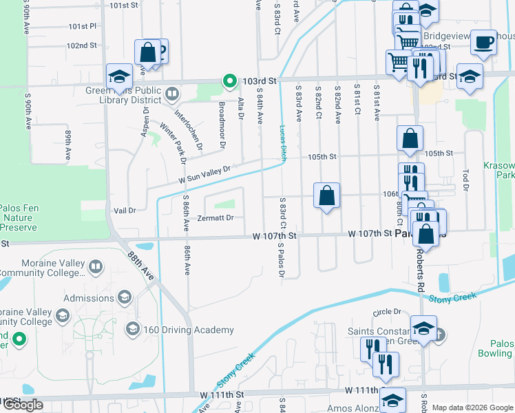 map of restaurants, bars, coffee shops, grocery stores, and more near 10551 South 84th Avenue in Palos Hills