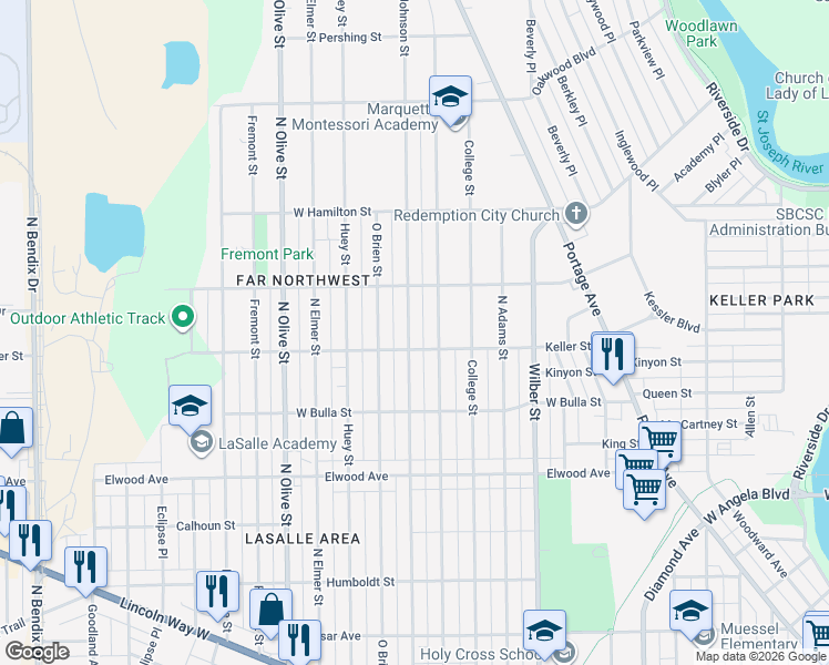 map of restaurants, bars, coffee shops, grocery stores, and more near 1733 North Brookfield Street in South Bend