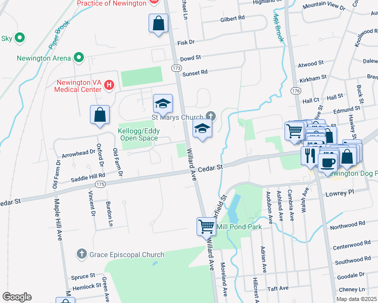 map of restaurants, bars, coffee shops, grocery stores, and more near 679 Willard Avenue in Newington