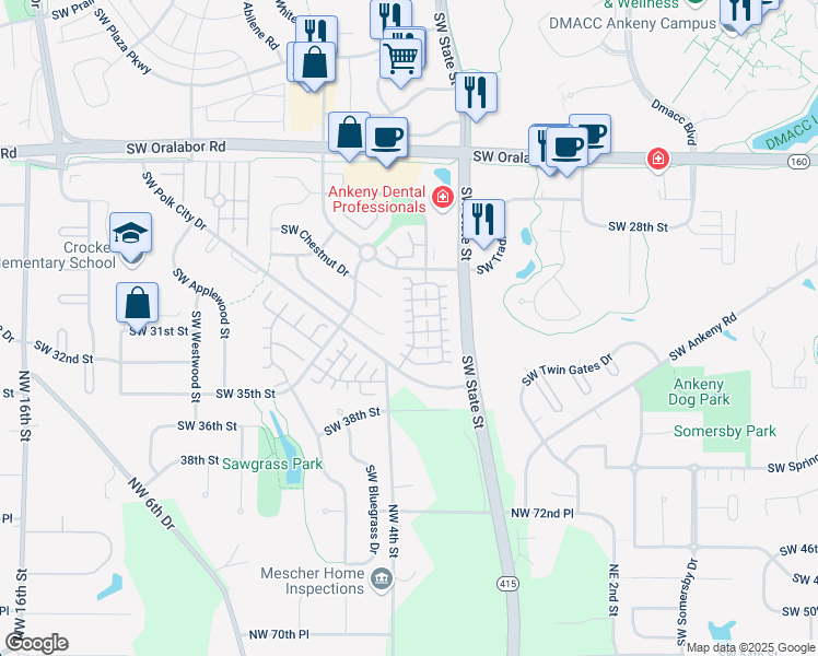 map of restaurants, bars, coffee shops, grocery stores, and more near 3050 Southwest Sharmin Lane in Ankeny