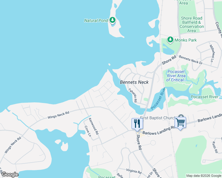map of restaurants, bars, coffee shops, grocery stores, and more near 56 Tideway Road in Bourne